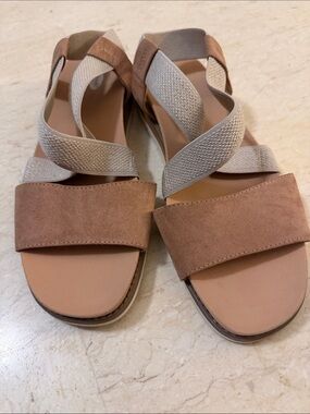 Dr. Scholl's Tan Suede and Beige Elastic Crossover Sandals